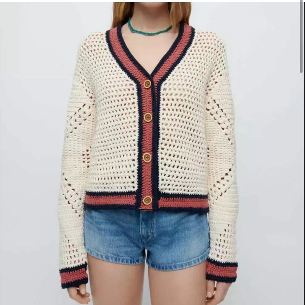 Re/Done Crochet Retro Vibe 50s V-Neck Cardigan in Cream with Blue Pink Women S